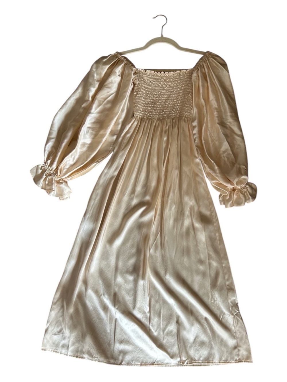 Sleeper Cream Satin Maxi Dress with Puff Sleeves